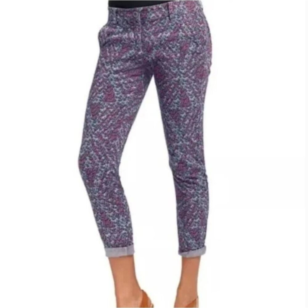CAbi Style #806 Palm Beach Rrd Gray Navy Blue Floral Cigarette Pants 12